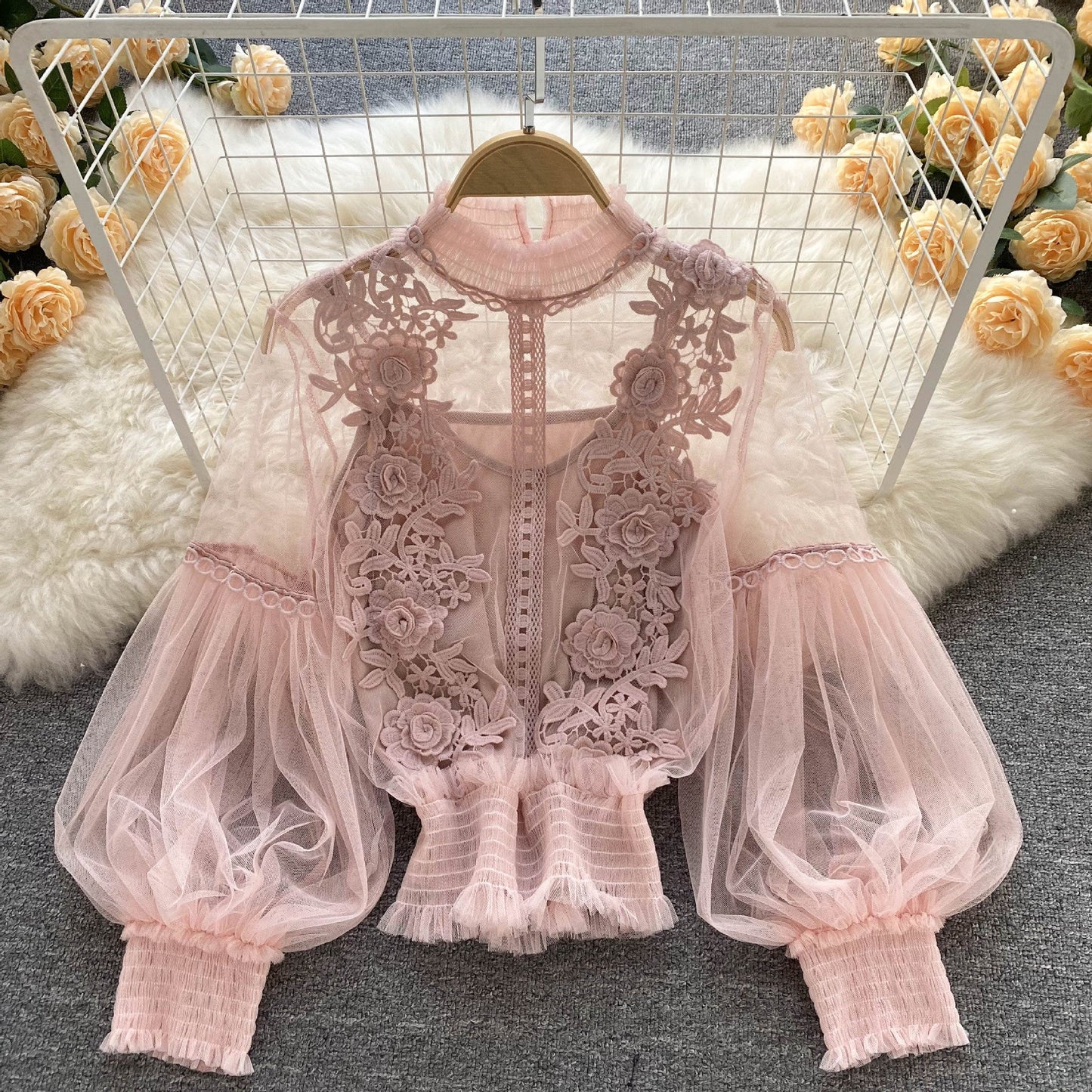 LM | perspective mesh gauze lantern sleeves slim short top female lace leggings undershirt