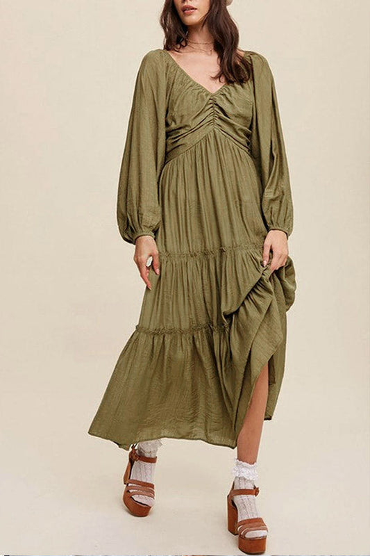 LM | Green V-neck bowknot neckline ruffle striped maxi dress