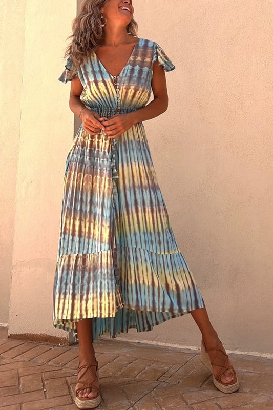 LM | Lorina Tie-dye Print Button Smocked Waist Backless Midi Dress