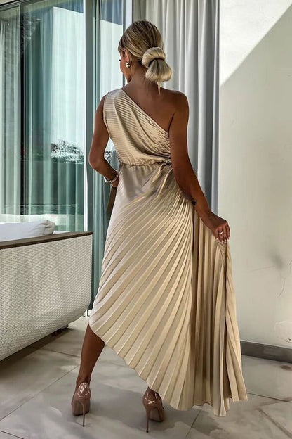 LM | Romantic Nights Satin Raised Flower Elastic Neckline One Shoulder Pleated Maxi Dress