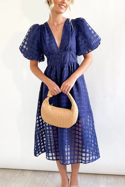 LM | Remarkable Beauty Square Patterned Fabric Puff Sleeve Party Midi Dress