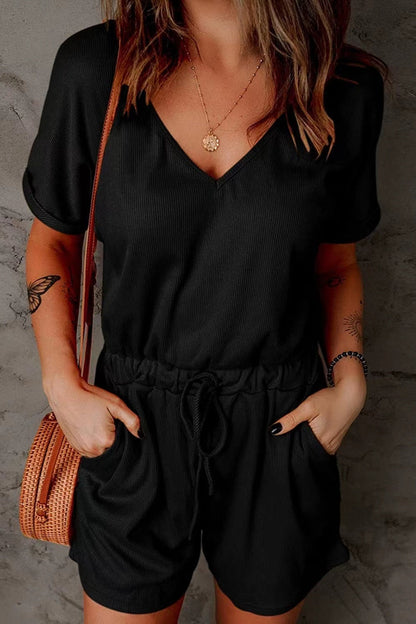 LM | Short-sleeved full-size romper with drawstring and V-neckline