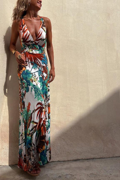 LM | RAINFOREST PARADISE TROPICAL PRINT NECKLINE BACK CROSSOVER STRETCH MAXI DRESS