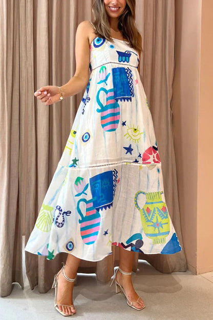 LM | She's The Fun Linen Blend Playful Print Ladder Trim Midi Dress