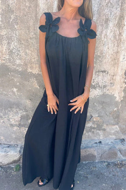LM | Solid Floral Embellished Sleeveless Loose Maxi Dress