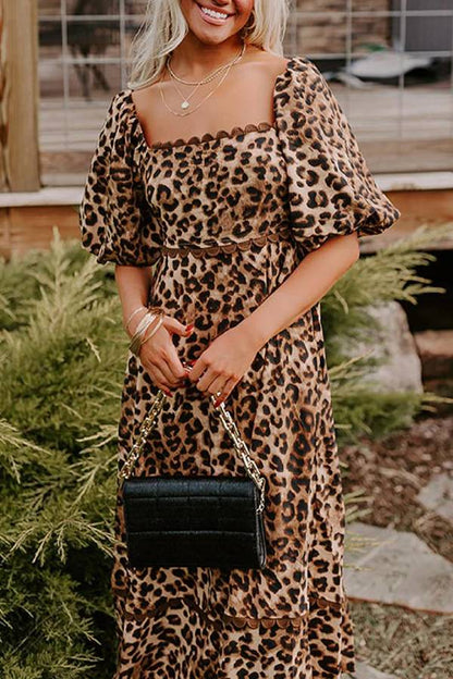 LM | Brown Leopard Print Puff Sleeve Ricrac Maxi Dress