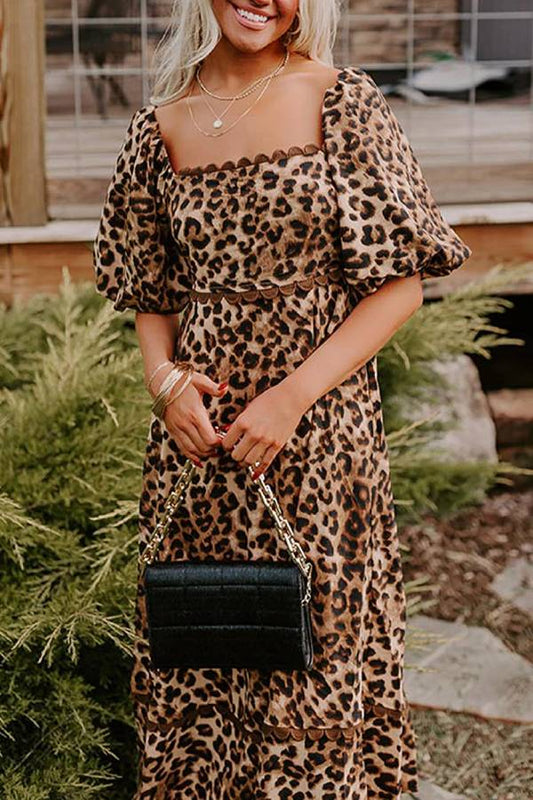 LM | Brown Leopard Print Puff Sleeve Ricrac Maxi Dress