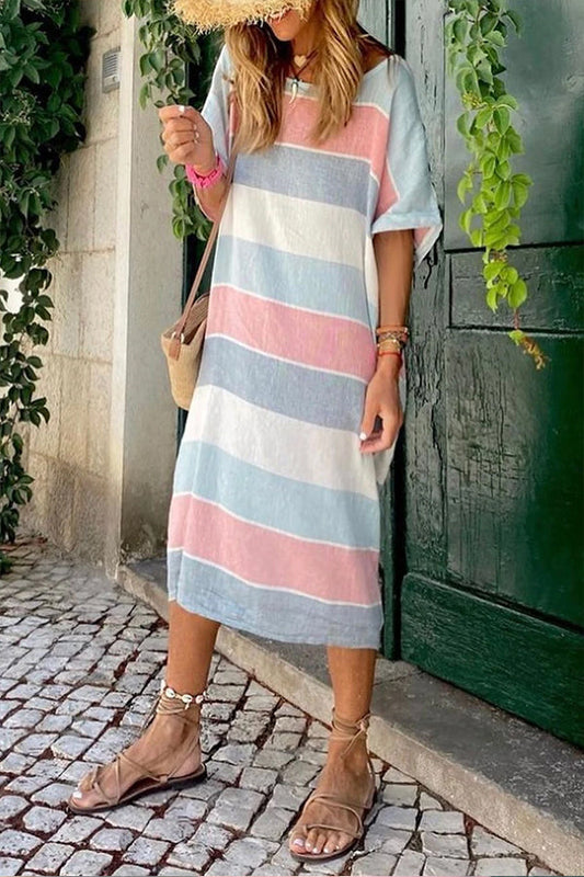 LM | Multicolor Striped Color Block Loose Fit Half Sleeve Maxi Dress