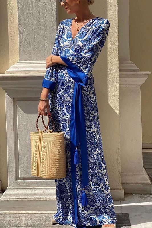 LM | Greek Island Satin Unique floral print tassel belt Maxi dress in wrap look