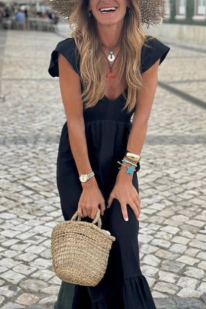 LM | Black V-neck Flutter sleeves Smocked top High waist Ruched maxi dress