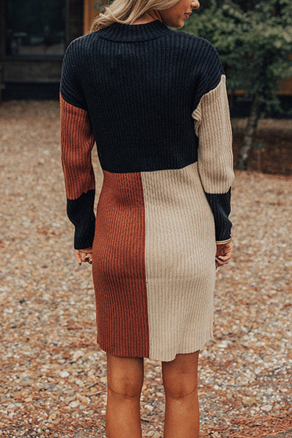 LM | Winter Latte Knit Color Block Mock Neck Sweater Mini Dress