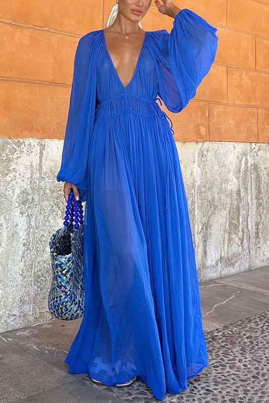 LM | Blue Gemstone Chiffon Gathered Waist Maxi Dress
