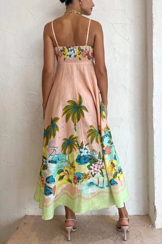 LM | Coconut Scenery Linen Blend Tropical Print Smocked Back Midi Dress