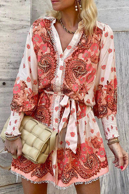 LM | Palace print button smocked sleeves belt mini dress