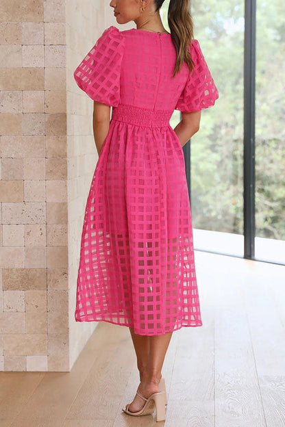 LM | Remarkable Beauty Square Patterned Fabric Puff Sleeve Party Midi Dress