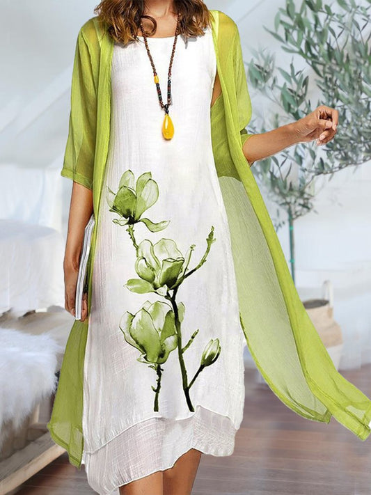 LM | Two Piece Floral Linen Casual Midi Dresses WJ89