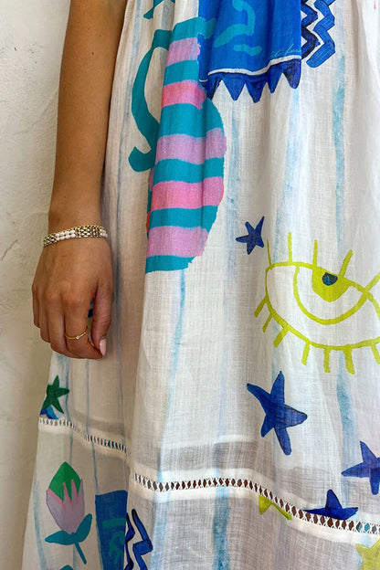 LM | She's The Fun Linen Blend Playful Print Ladder Trim Midi Dress