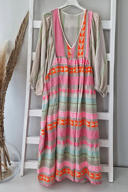 LM | Whisked Away Geometric Color Block Printed A-Line Midi Dress
