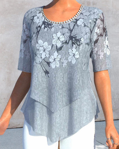 LM | Blouse with floral round neckline and short sleeves