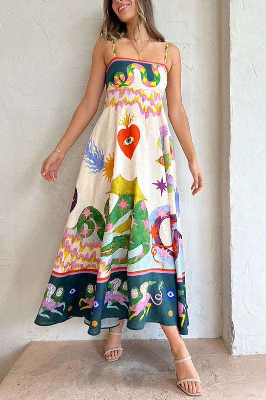 LM | Feel Effortlessly Linen Blend Unique Print Smocked Back Midi Dress