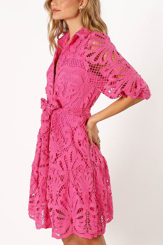 LM | Solid color lace neckline balloon sleeves and waist tie mini dress