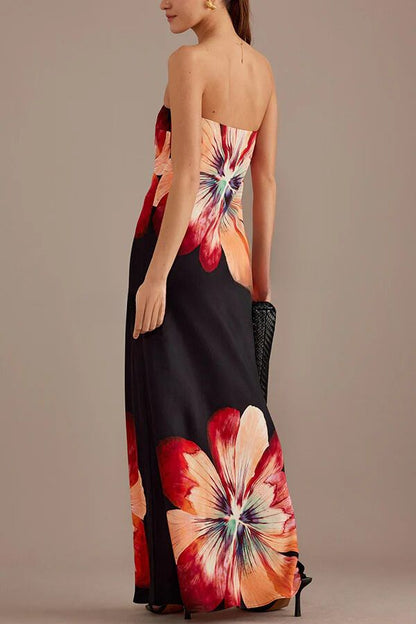LM | Charming Lady Satin Floral Print Bandeau Loose Maxi Dress