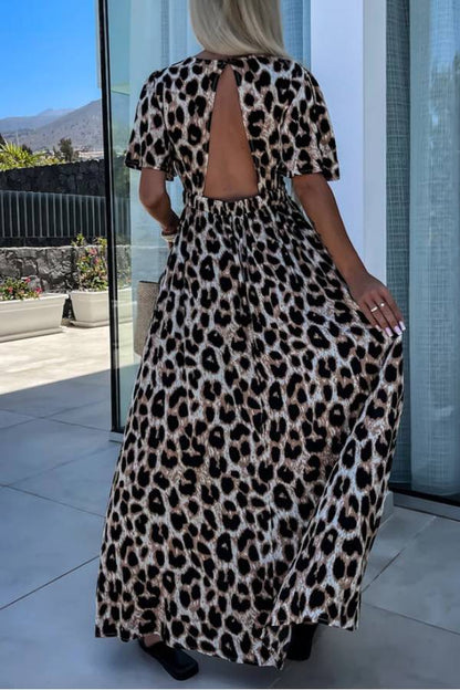 LM | Khaki Leopard V-Neck Cinched High Waist Open Back Maxi Dress