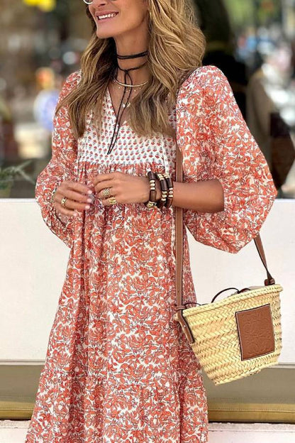 LM | Boheme Lifestyle Printed maxi dress with loose puff sleeves