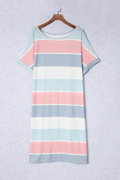 LM | Multicolor Striped Color Block Loose Fit Half Sleeve Maxi Dress