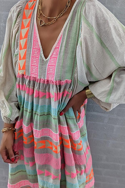 LM | Pink striped midi dress with Greek key and orange necklace