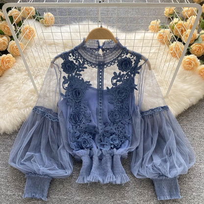 LM | perspective mesh gauze lantern sleeves slim short top female lace leggings undershirt