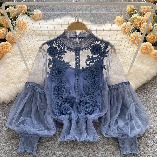 LM | perspective mesh gauze lantern sleeves slim short top female lace leggings undershirt