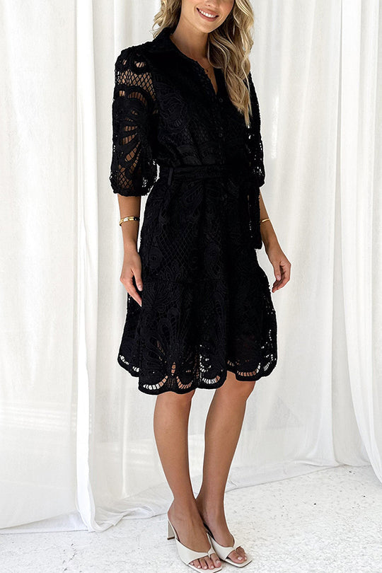 LM | Solid color lace neckline balloon sleeves and waist tie mini dress