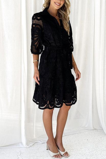 LM | Solid color lace neckline balloon sleeves and waist tie mini dress