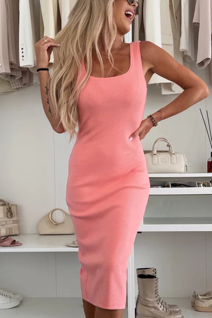 LM | Comfort and femininity rib knit tank slit stretch midi dress