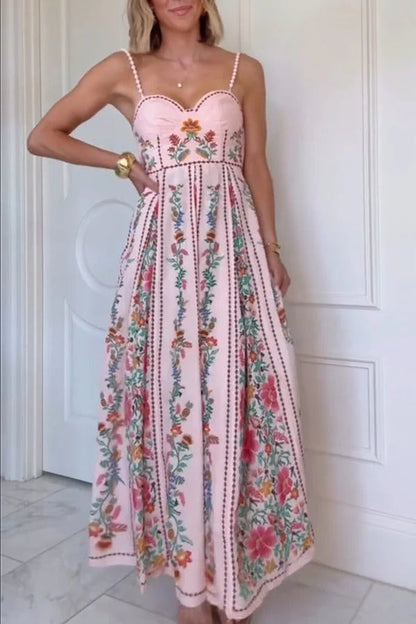 LM | Delicate Forest Unique Print Sweetheart Neck Beaded Straps Maxi Dress