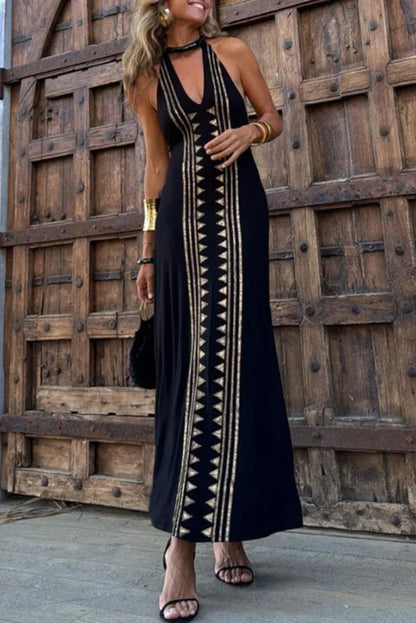 LM | Meret Gold Geometric Print Backless Stretch Maxi Dress with Halter