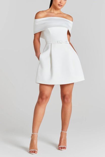 LM | Elegant Evening Lapel Bandeau Detachable Belt Pocketed Mini Dress