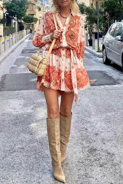 LM | Palace print button smocked sleeves belt mini dress