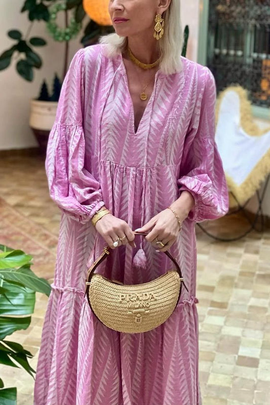 LM | Marrakech Stories Linen blend printed midi dress with balloon sleeves and A-line pockets