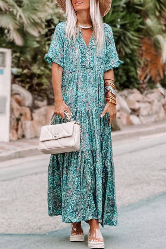 LM | Sky Blue Paisley Print Split V Neck Tiered Boho Maxi Dress