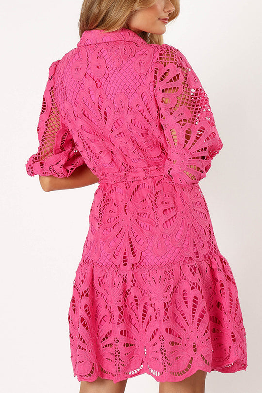 LM | Solid color lace neckline balloon sleeves and waist tie mini dress
