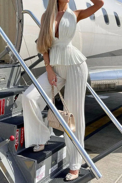 LM | V-Neck Sleeveless Slim Fit Backless Top Loose Pleated Pants Set