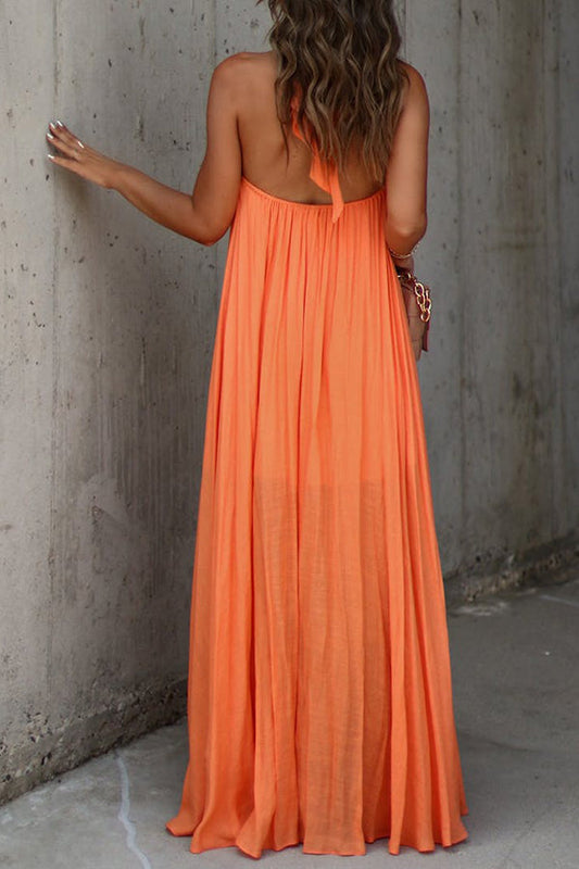LM | Nolah maxi dress with V-neck and pleated halterneck
