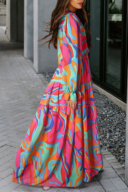 LM | Multicolor floral print ruffle trim low-cut maxi dress