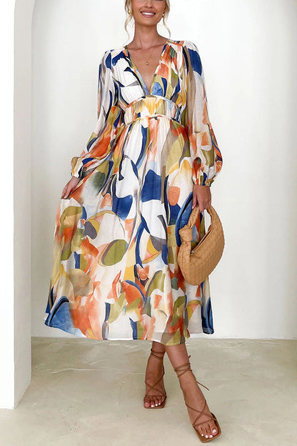 LM | Eclipse Season Printed long-sleeved maxi dress with flowing sleeves