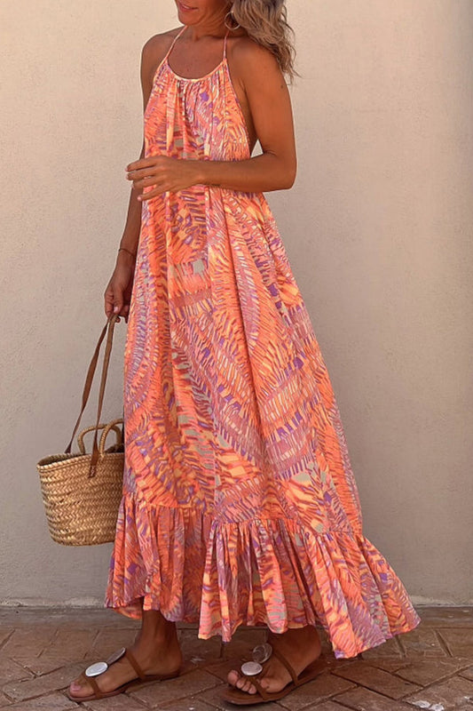 LM | Sunita Ethnic Print A-Line Halter Tassel Vacation Maxi Dress