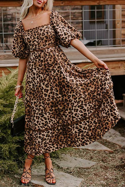 LM | Brown Leopard Print Puff Sleeve Ricrac Maxi Dress