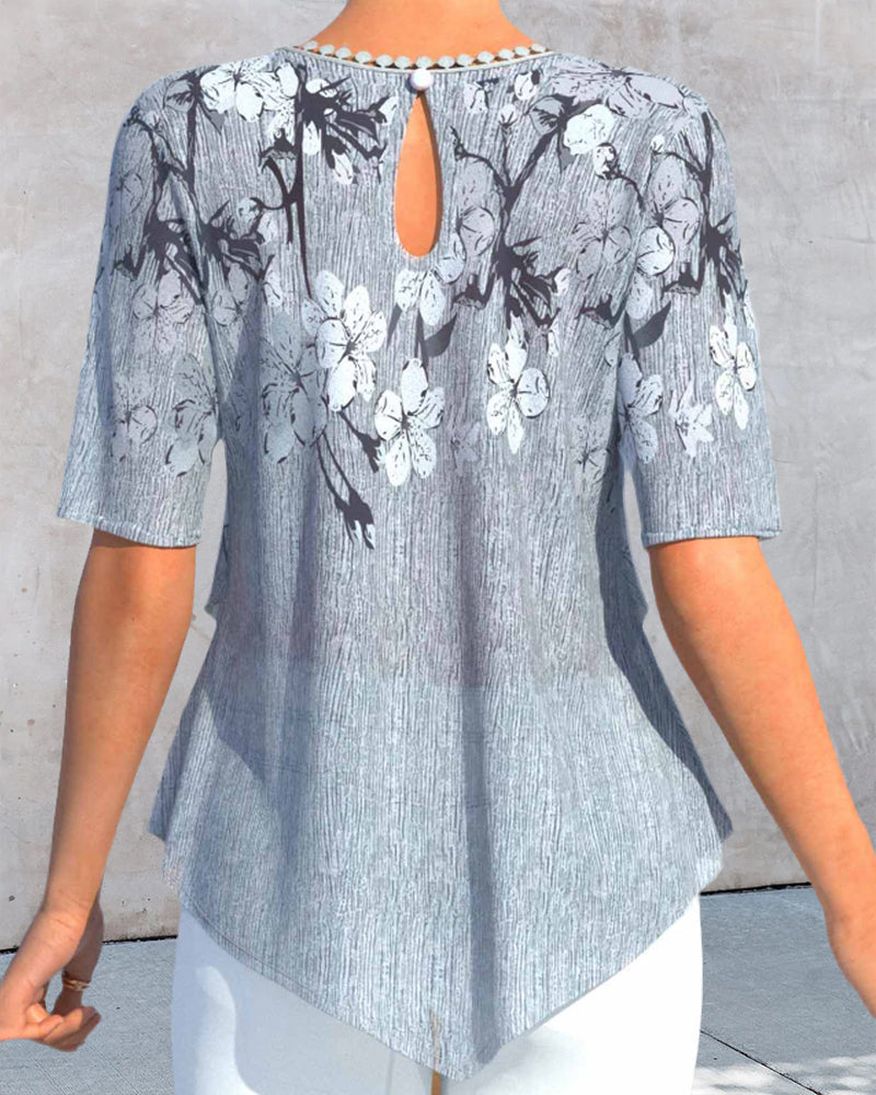 LM | Blouse with floral round neckline and short sleeves