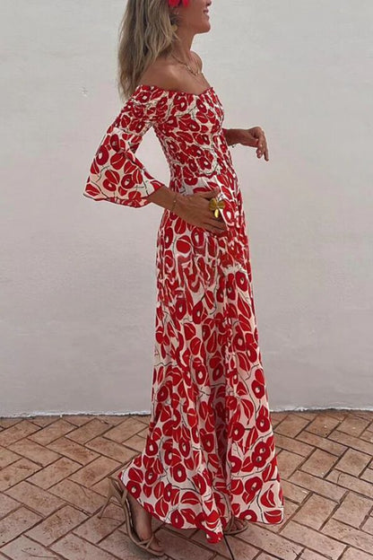 LM | Close To The Vacation Floral Print Smocked Off Shoulder Pocketed Maxi Dress